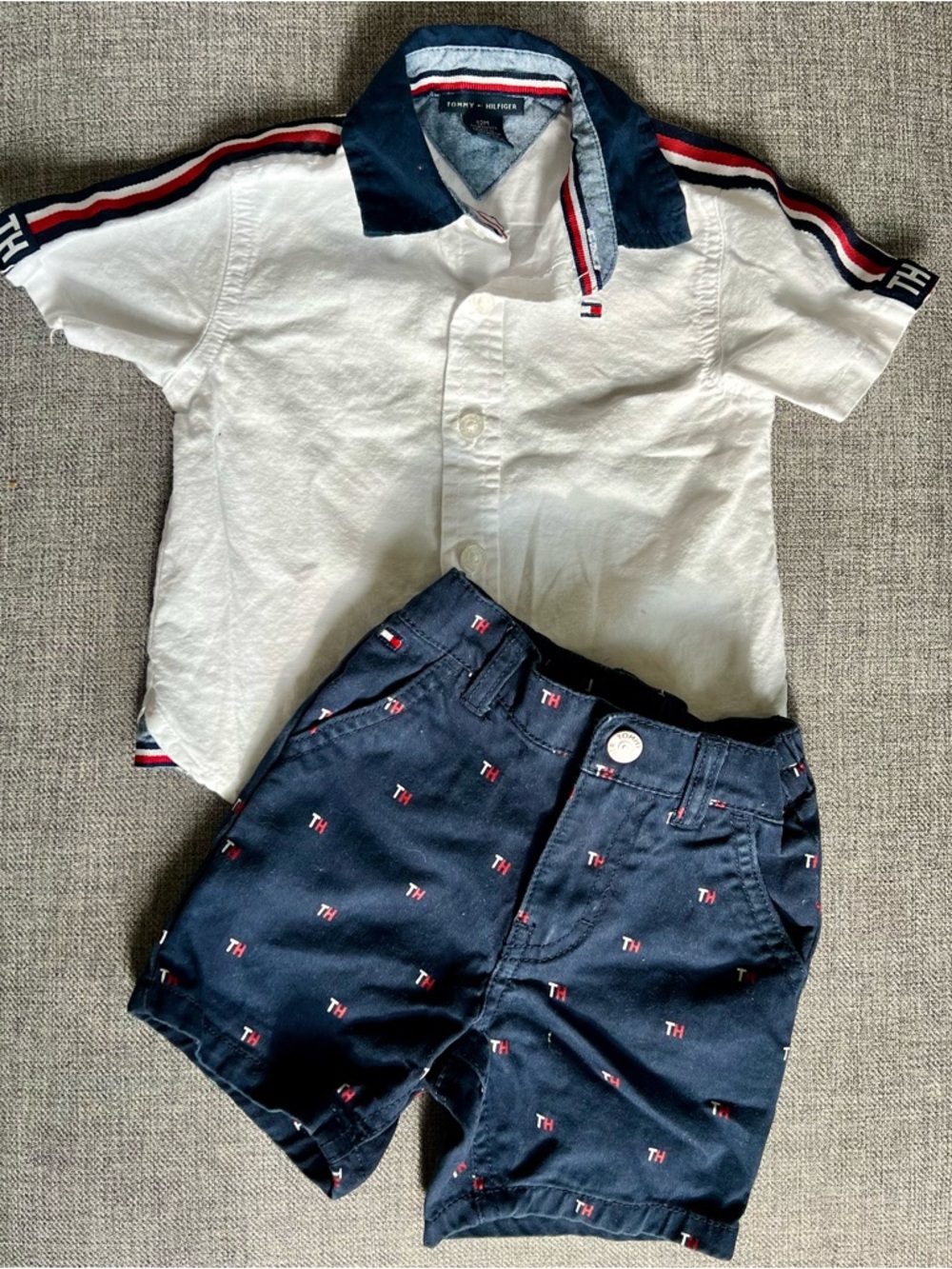 Tommy Hilfiger baby boy 12 month White Button Polo Shirt with Navy Logo Shorts